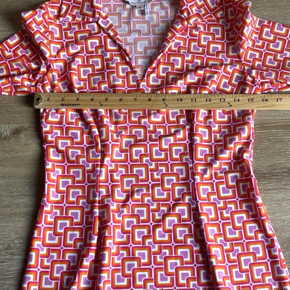 Jude Connally Geometric Print Dress Small Orange Collar V-Neck Knee Length Scuba - Picture 6 of 10